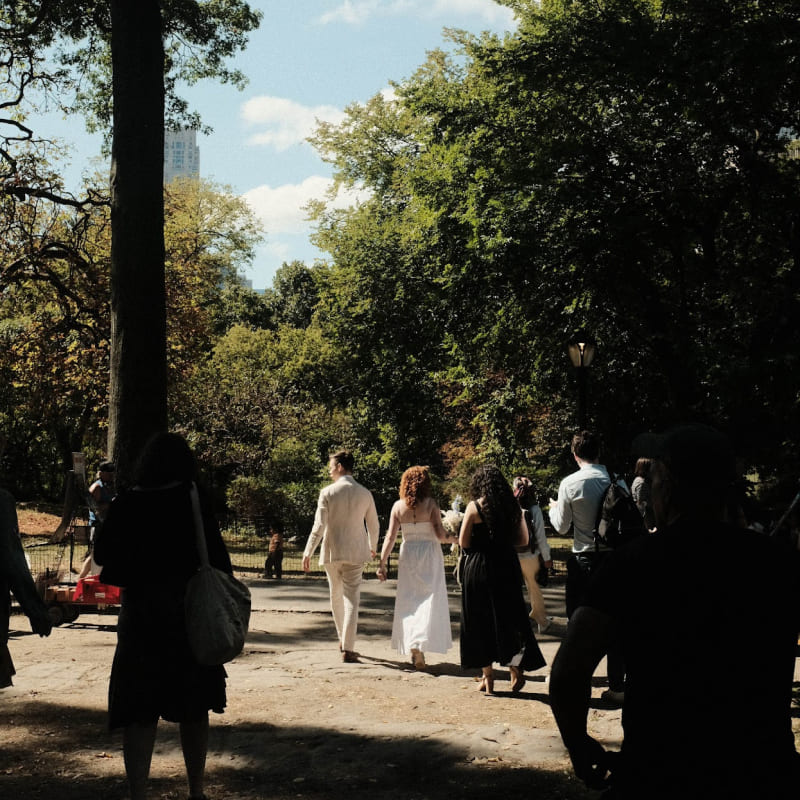 A couple surrounded by people walking around Central Park