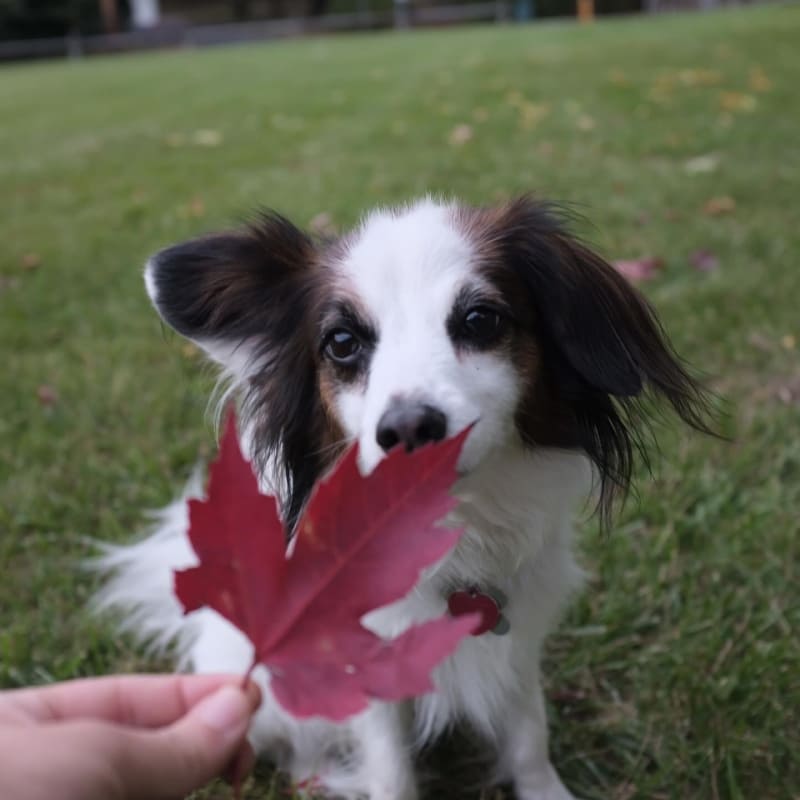 A cute dog with a big red leaf in front of his nose