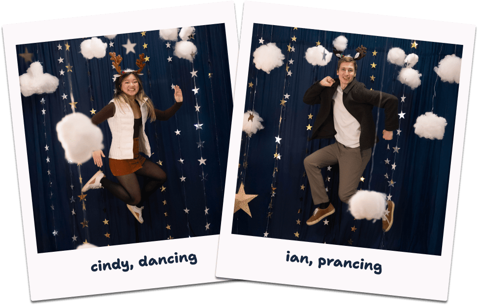 fake polaroids of cindy and ian jumping like flying reindeer